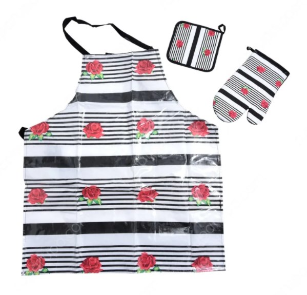 Arthome Set 3 Pcs Celemek Dapur Flowers - Hitam