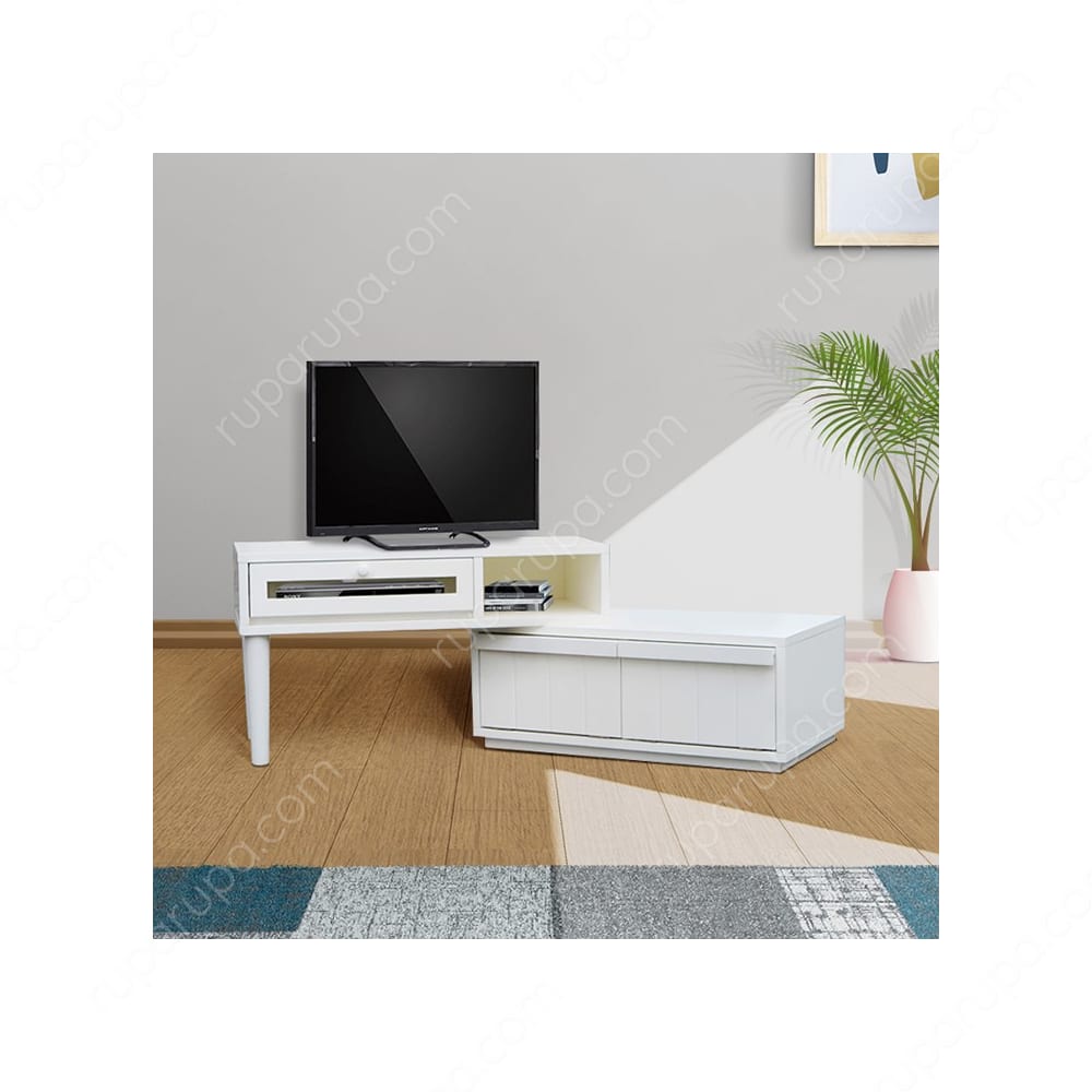 extension meja tv warna putih