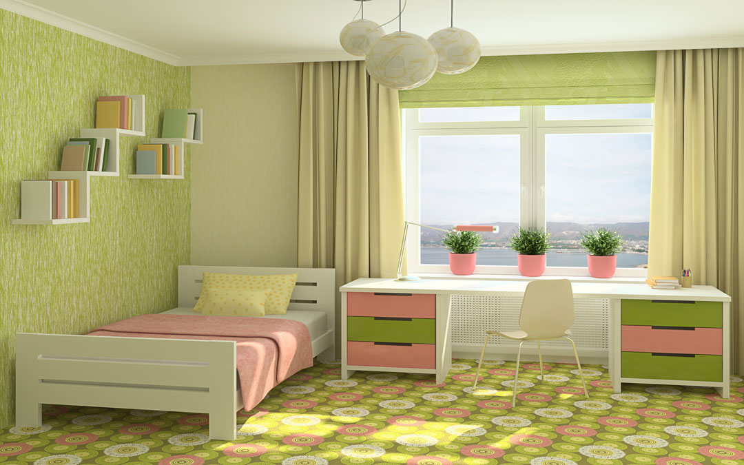 kombinasi warna lime green dan pink pada rumah