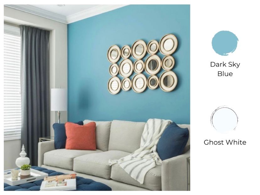 cat ruang tamu 2 warna dark sky blue dan ghost white