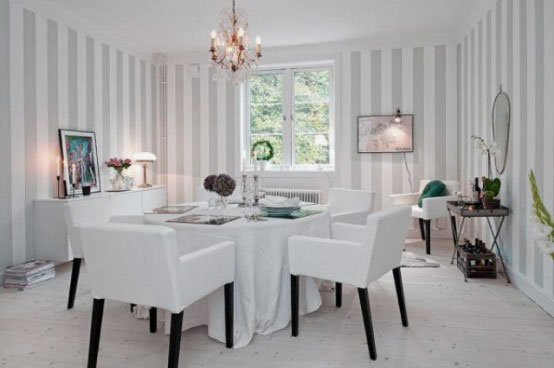 Scandinavian Dining Room Design Ideas with Stripes Wallpaper