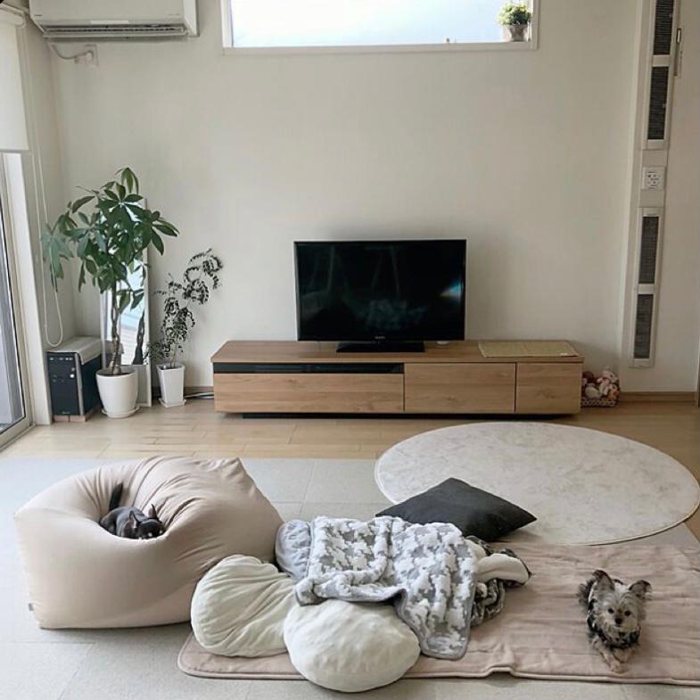 dekorasi ruang keluarga tanpa sofa dengan selimut dan karpet