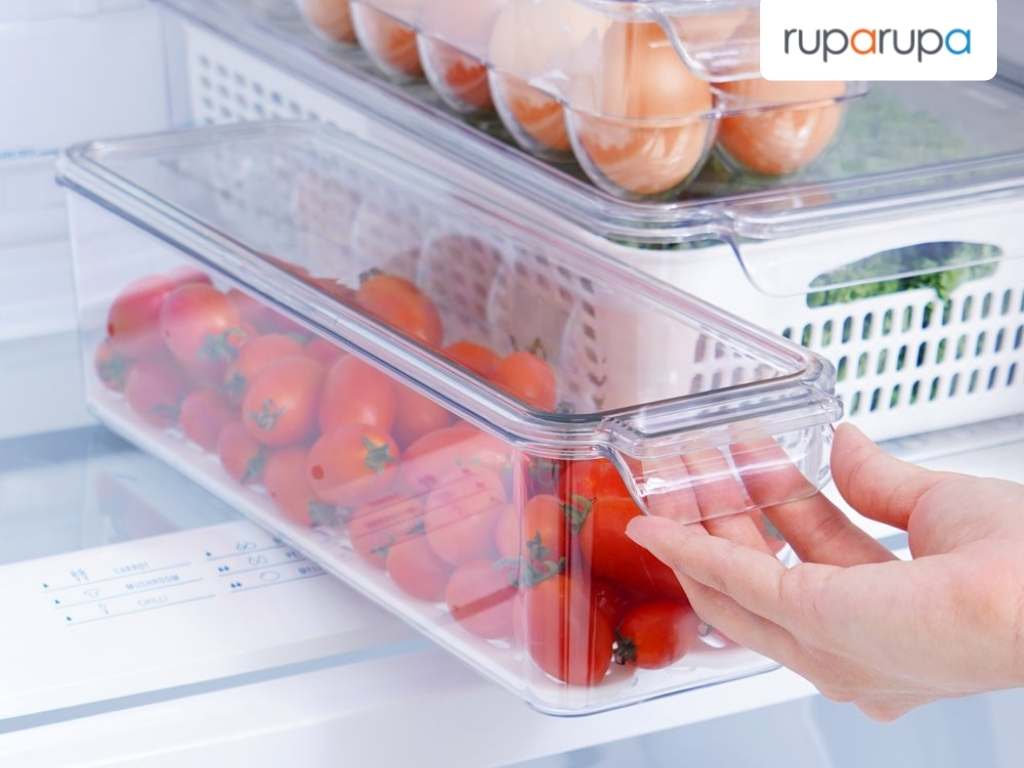 cara menyimpan sayuran di kulkas Ataru Wadah Penyimpanan Dengan Saringan Ukuran S