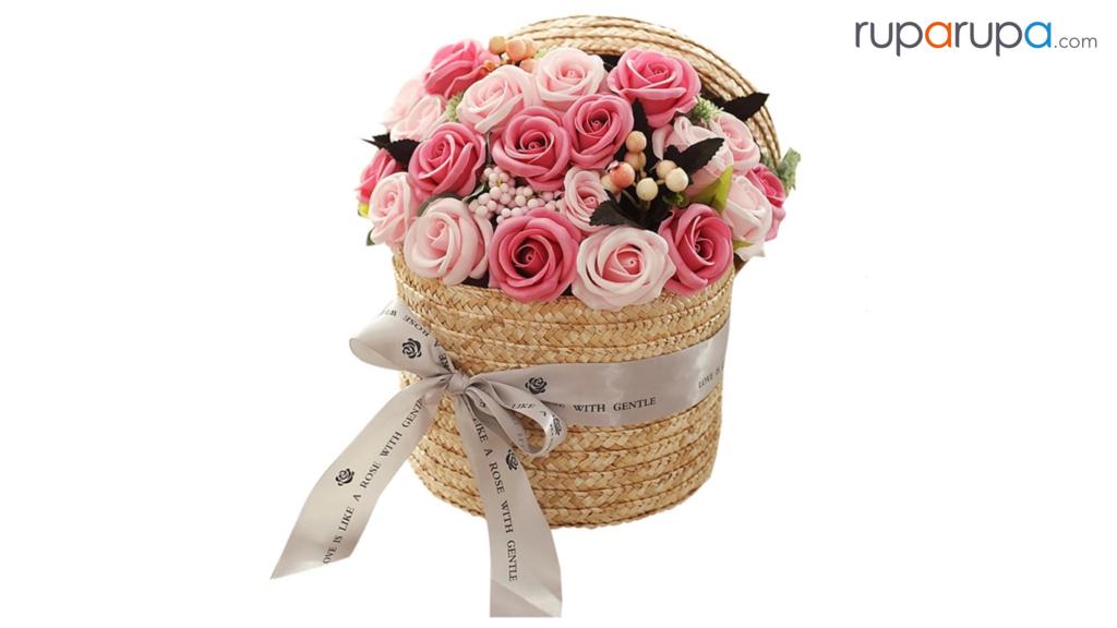 Para Ella 27 Cm Buket Bunga Artifisial Mawar Box Wina - Pink