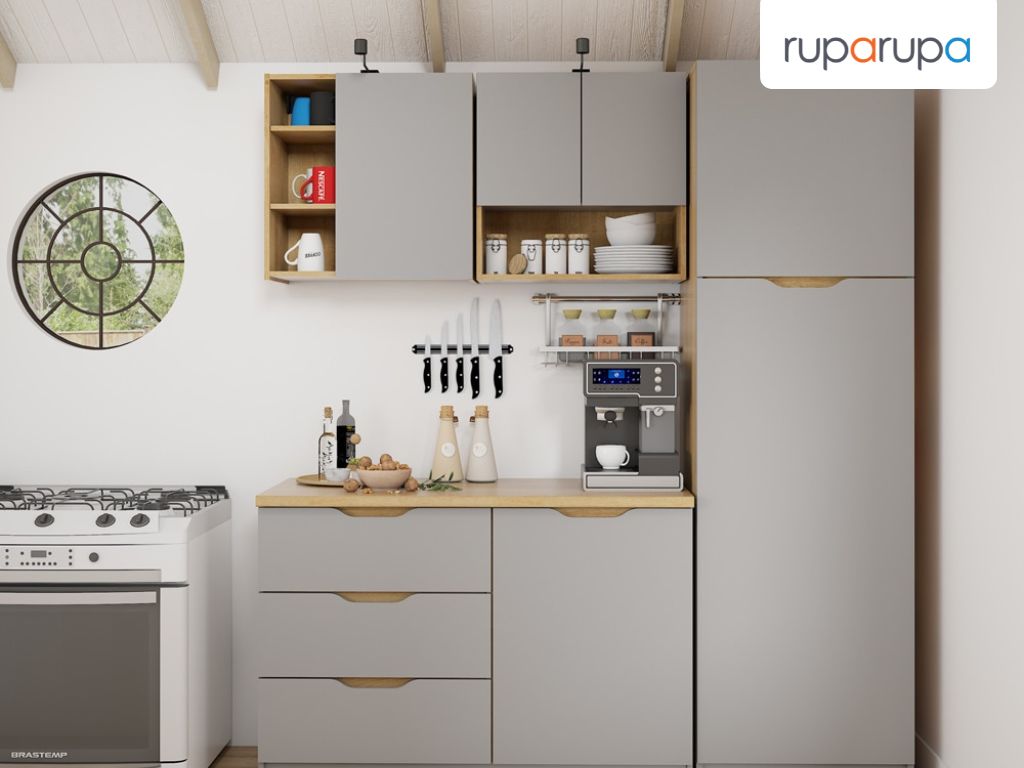 Dapur minimalis dengan kitchen set abu-abu