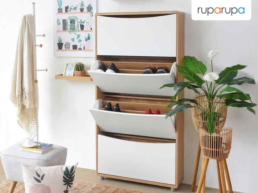 Mile Kabinet Sepatu 4 Tingkat - Putih Cokelat Oak