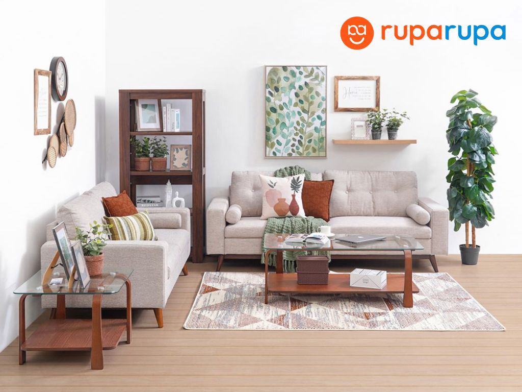 sofa abu-abu dan perabot kayu