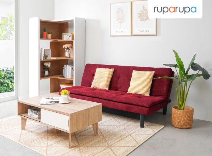 desain sofa merah japandi